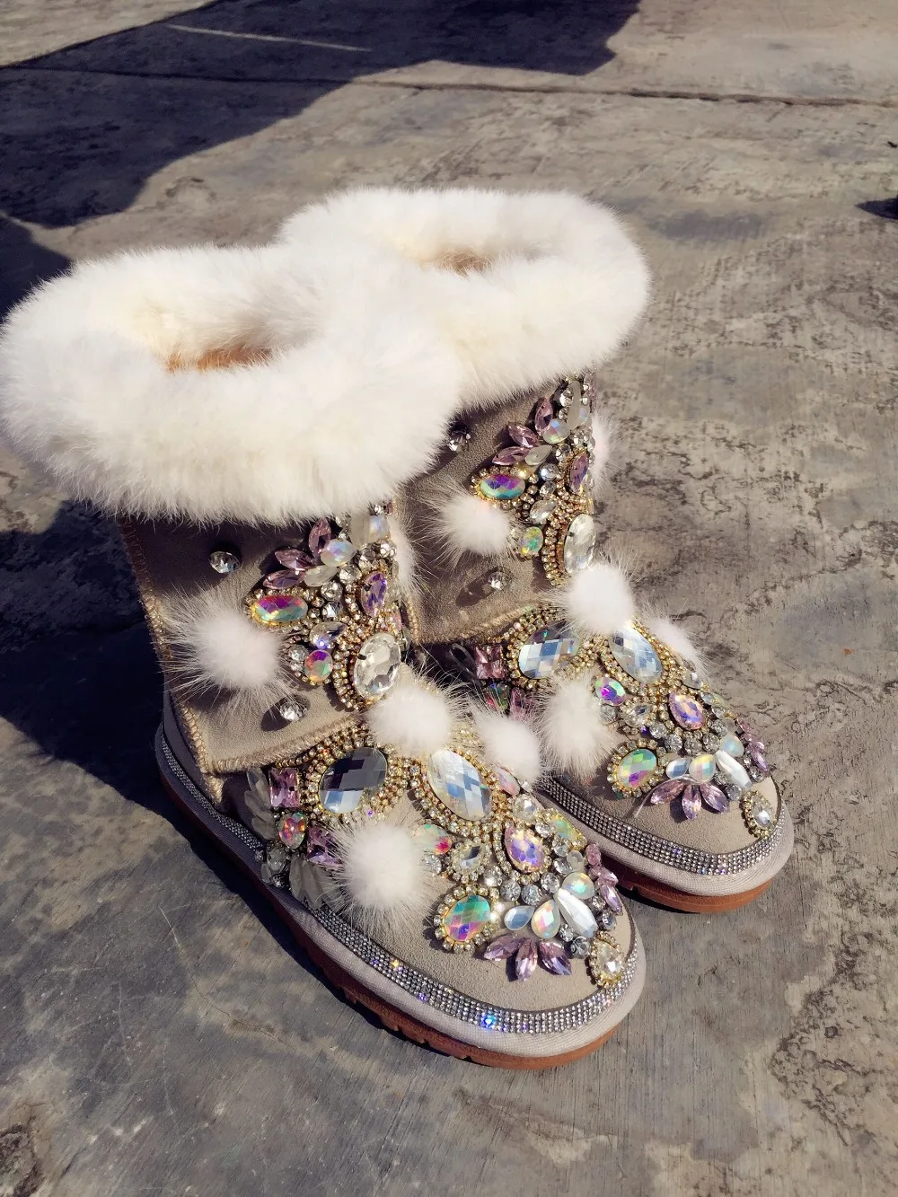 Ручной работы на заказ с мехом кролика драгоценный камень зимние кожаные ботинки Европа и США Брендовые женские зимние ботинки с нескользящей подошвой