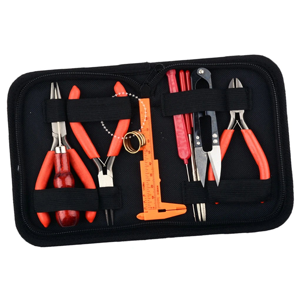 

10 Pieces Jewelry Making Tool Kits -Diamond Files,Crochet Hook ,Assorted Pliers,Hammer , Copper Thimble, Scissors, Caliper