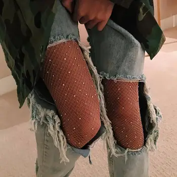 

2019 Sexy Women Pantyhose Shiny fishnet stocking High Quality Hollow mesh Diamonds plaid Tights Sparkle Rhinestone stockings