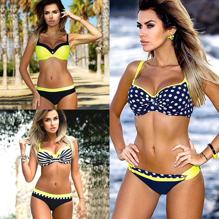 YICN Large Size Striped Swimsuit 2018 Women Push Up Swimwear Sexy Retro Bikini Set Female Bandage Biquini Bather Beachwear Mujer