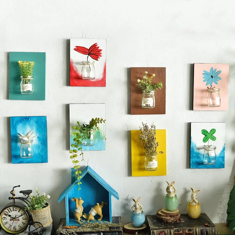 

Creative Wooden Glass Hydroponics Flower Vase Hand Painted Art Decoration Ornament Plant Artificial Flower Vases Wall Hanging