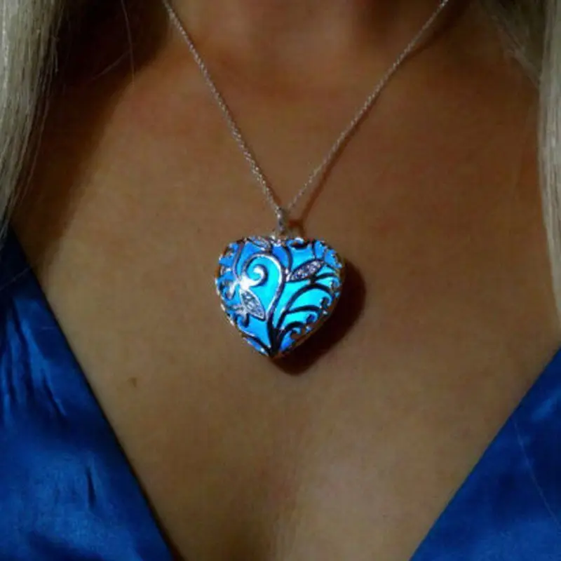 Magical Aqua Blue Tree of Life Necklace Love Heart Glow in