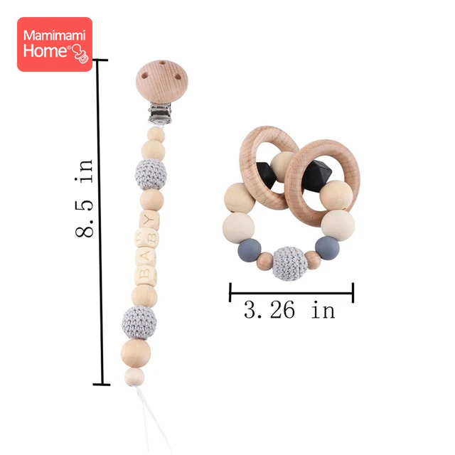 Детский деревянный Прорезыватель для зубов, 1 набор, зажим для детской коляски, бук, грызун, гимнастическая игра, персонализированное имя, соска, цепь, жевательный браслет, детские товары, игрушка - Цвет: Black Set 1