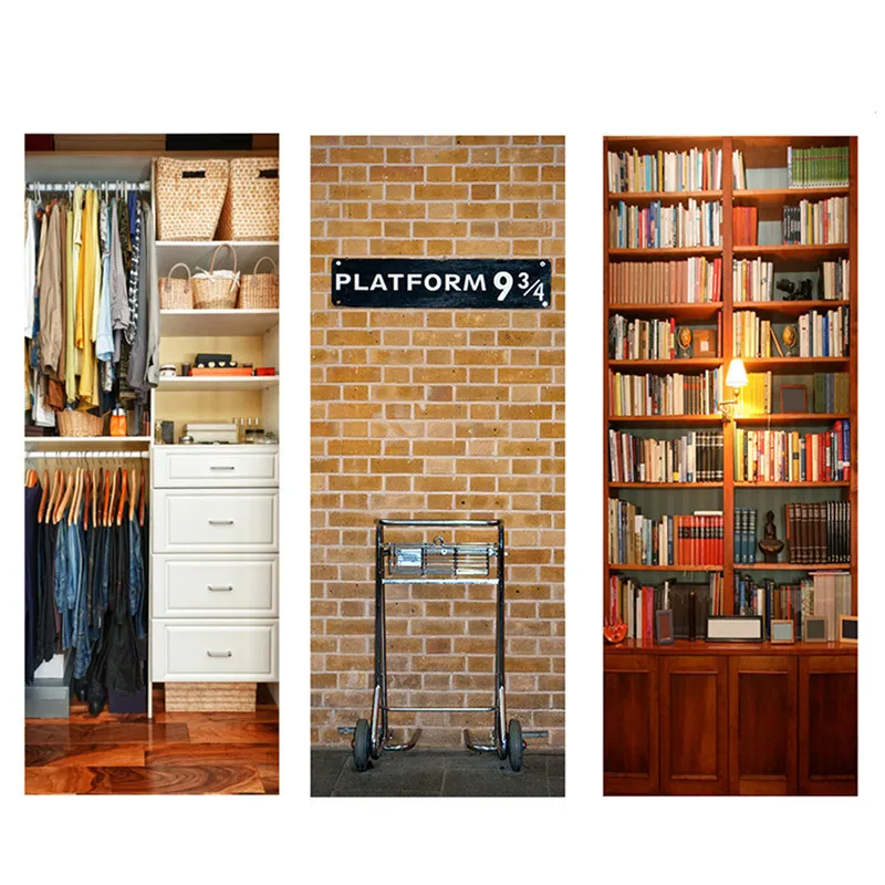 DIY 3D Door Stickers Bookcase Pattern Self Adhesive Waterproof Door Murals Bedroom Home Decor Poster Refrigerator Wall Sticker