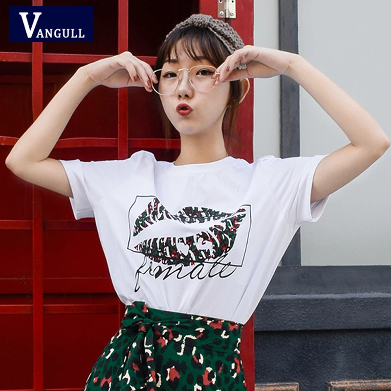Vangull 2019 летняя новая Корейская Сексуальная женская футболка с принтом губ белые