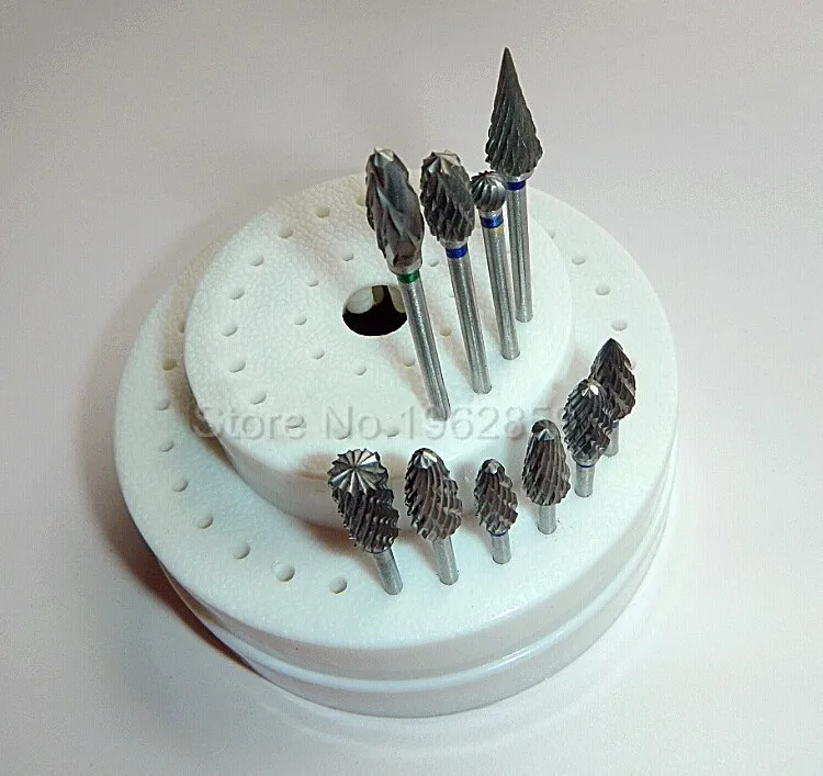 10Pcs-Dental-Tungsten-Steel-Nitrate-Carbide-Burs-Drills-Dentistry-2.35mm-Dental-Burs+1pc 60-Hole-Block-1