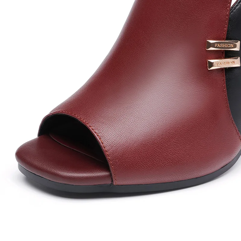 Лоскутная обувь из натуральной кожи; женские повседневные сандалии Вселенной Черные и темно-красные туфли Красного цвета, 9 см 3,53» ботинки на очень высоком каблуке украшения из металла E080