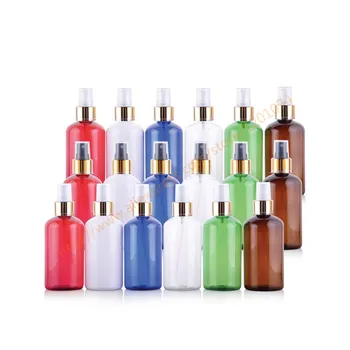 

220ml pretty colors PET bottle with shiny gold aluminum sprayer.mist PET bottle. travel refillable perfume container