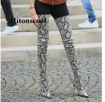 

Fashion Snakeskin Boots For Women Autumn Winter Pointed Toe Sexy High Heels Pumps Back Zipper Over The Knee Boots Botas Mujer