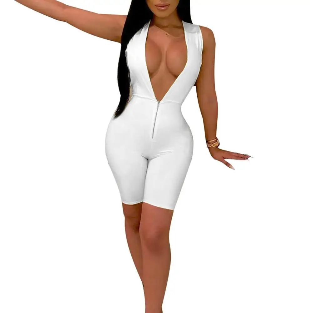 Женская лакированная кожа Глубокий V без рукавов молния Bodycon комплект с шортами комбинезон