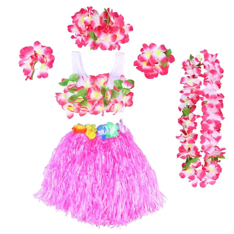 6 шт., Гавайские тропические вечерние юбки для танцев с изображением травы хулы детские браслеты с цветами, повязка на голову, ожерелье, комплект с бюстгальтером 40 см, 8 цветов, A3 - Цвет: Розовый