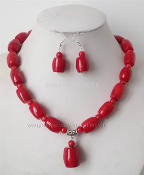 

Shipping>>>Charming!Big Red Coral Column Shape Beads Necklace Earrings Set AAA mujer moda