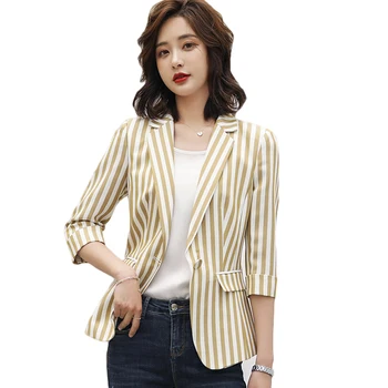 

Spring Autumn Blazer Women 2019 Casual Stripe Jacket Female Elegant Slim Half Sleeve Blazer Outwear Office Lady Work Wear CM1226