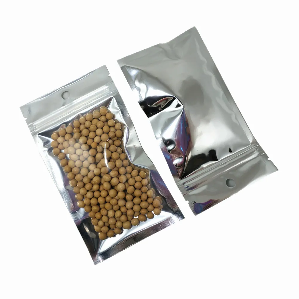 

100Pcs/lot Clear/Silver Plastic Aluminum Foil Zip Lock Food Package Bag with Hang Hole Mylar Retail Beans Storage Zipper Pouch