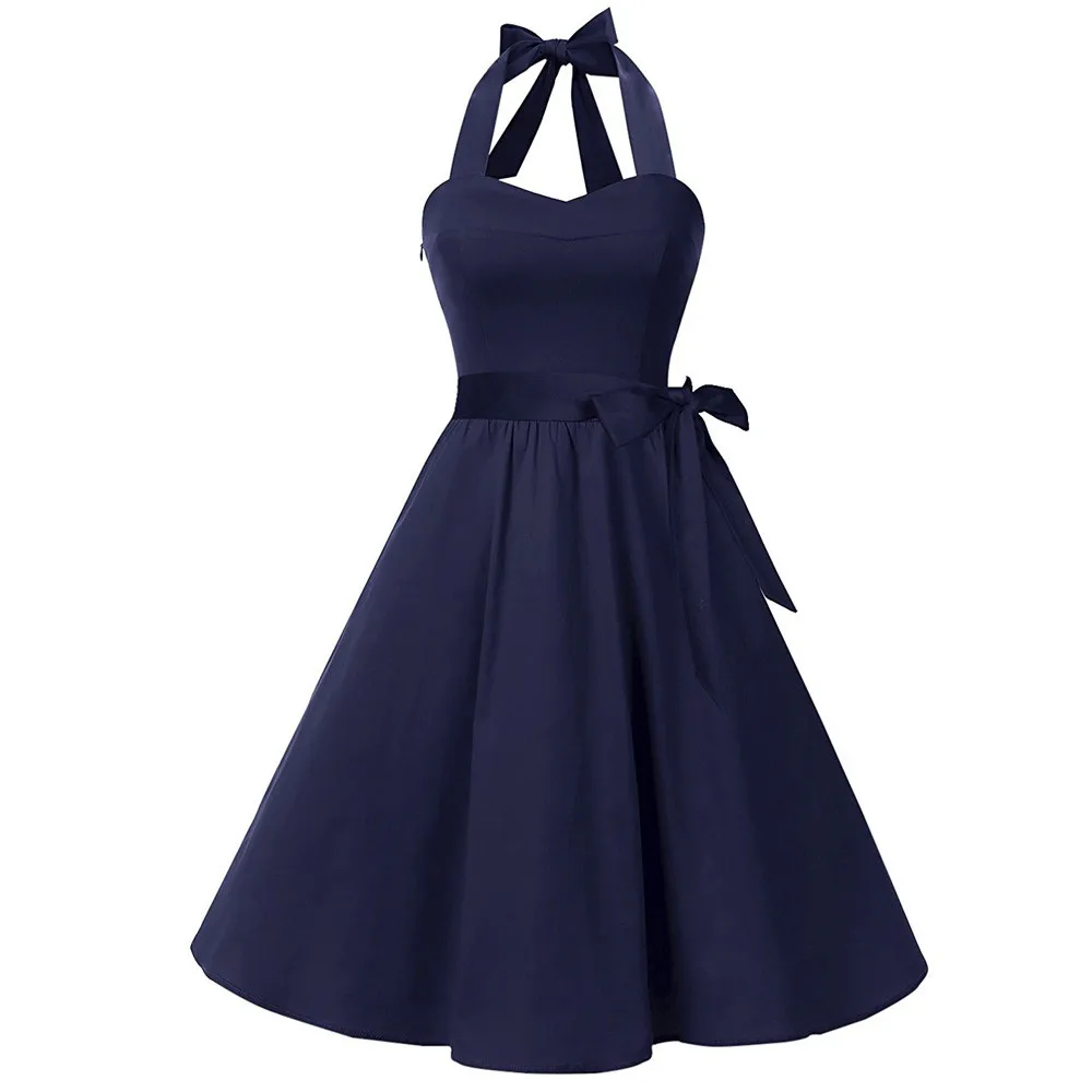 Vestidos mujer, женское платье без рукавов размера плюс 4XL, однотонное, на молнии, Хепберн, винтажное, Свинг, высокая талия, плиссированное платье, темно-синий, красный, черный цвета - Цвет: Navy