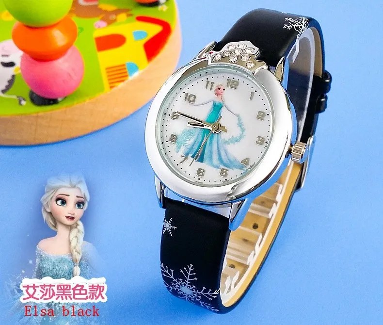 Новые Мультяшные детские часы с милой принцессой Эльзой и кристаллами, модные наручные часы для девочек, детские часы с кожаным ремешком, спортивные часы