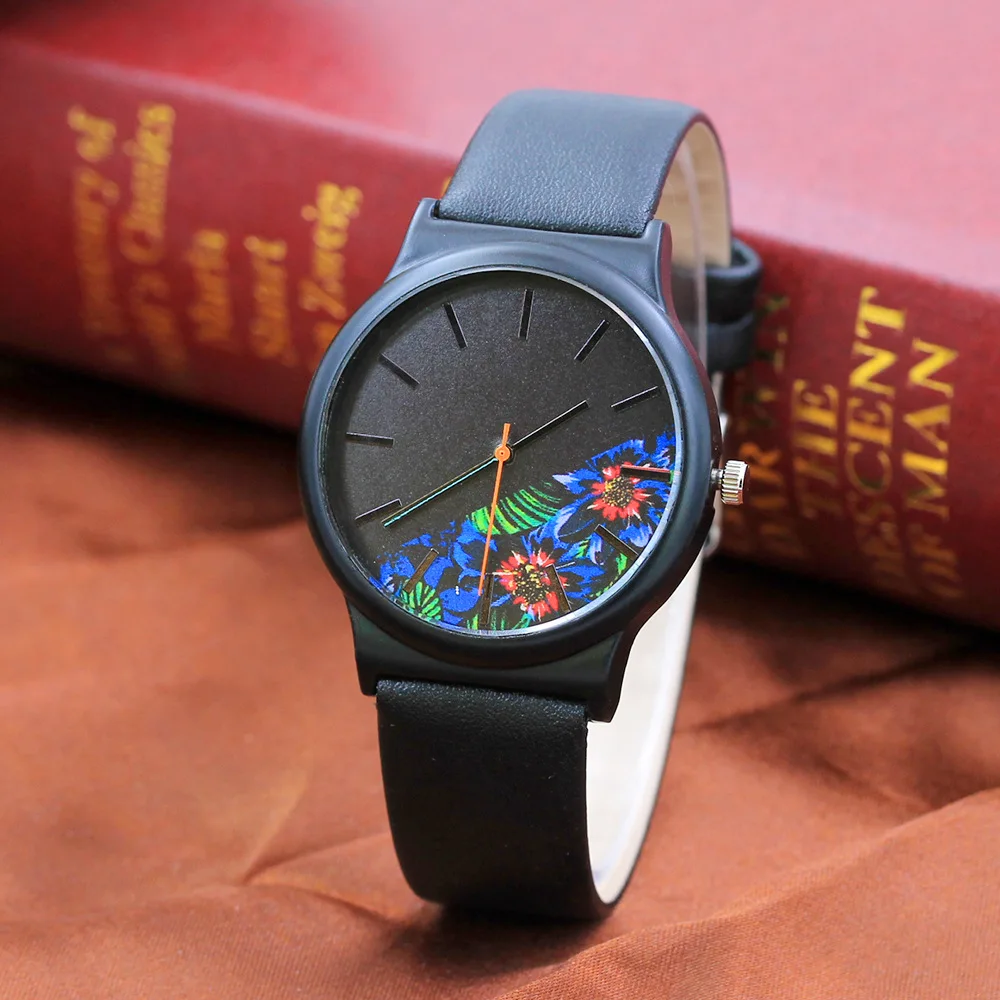 Популярные женские кожа кварцевые часы 2018 новый стиль все черный Многоузорный дизайн модные женские часы студент творческая наручные часы