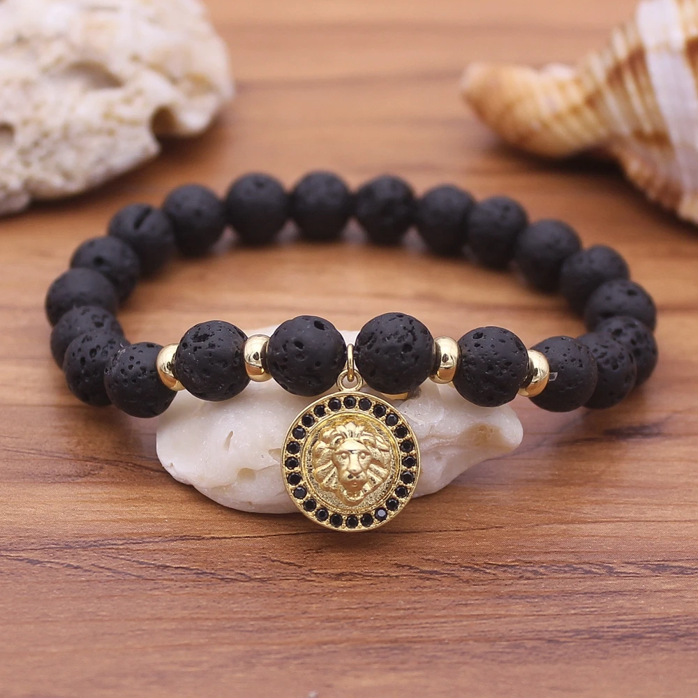 

Hot Leo Lion Head Bracelet Natural Black Lava Stone Beaded Bracelets For Men Women Elasticity DIY Bracelets 4 Color Chooses