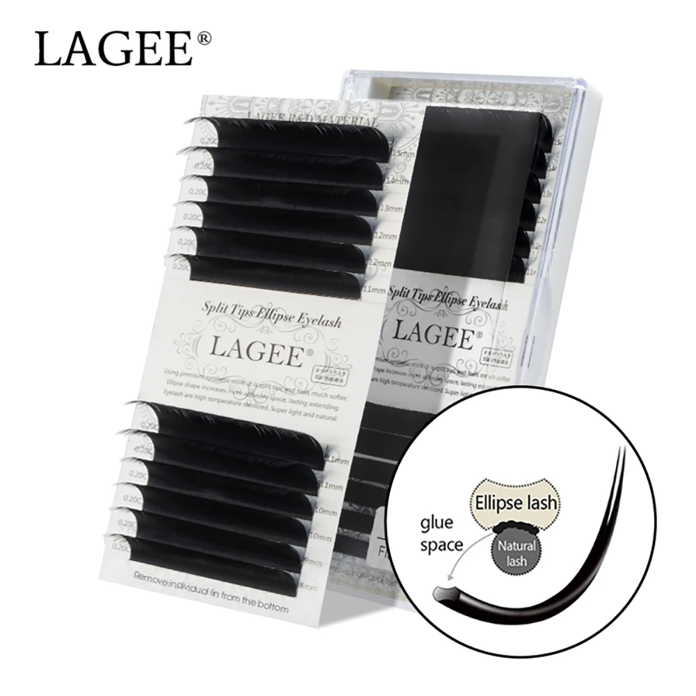 

LAGEE Flat Ellipse Eyelash Extensions Split Tips Ellipse Shape Natural Light False Ellipse Eyelashes Dark Black Matte Hair