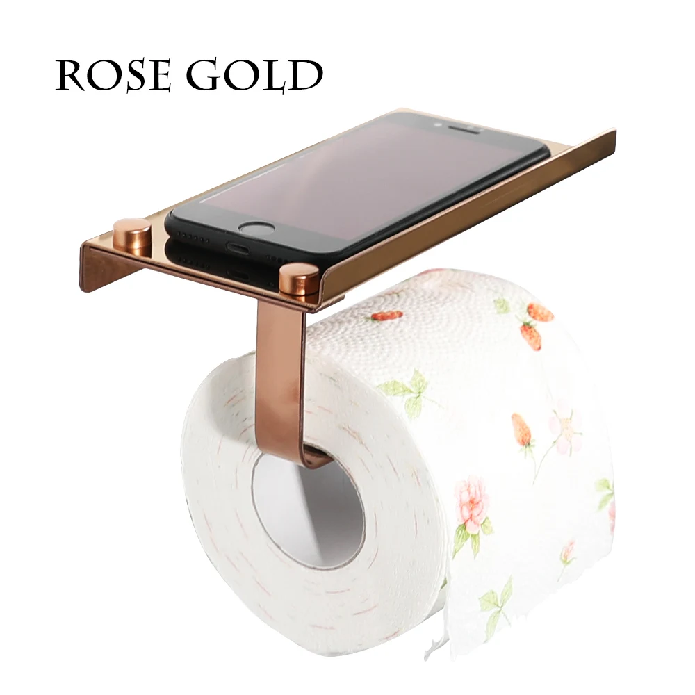 Practical Toilet Paper Holder with Shelf Rose Gold Multi-purpose Stainless Steel