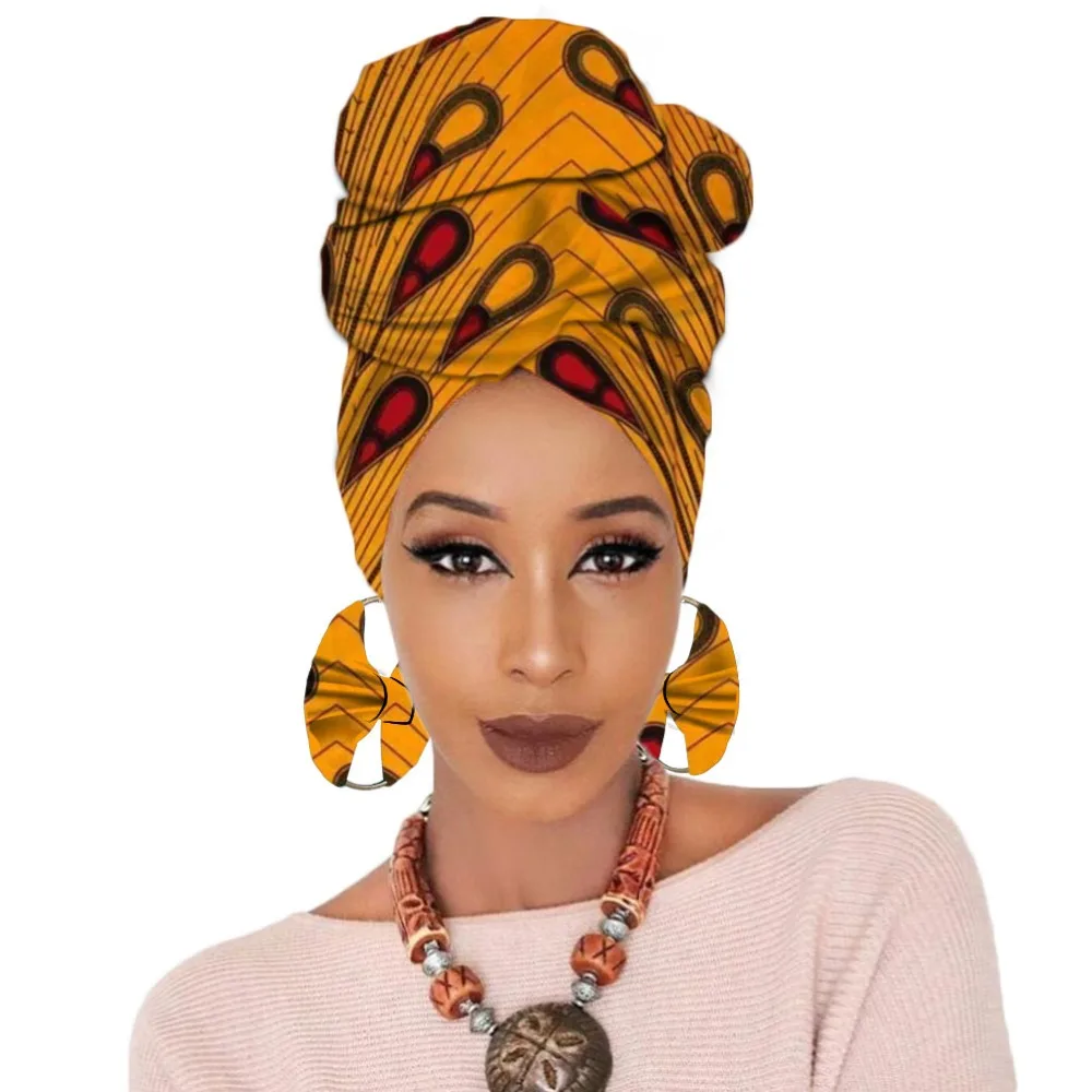 Print turban traditional African headscarf women headtie with earring (9)