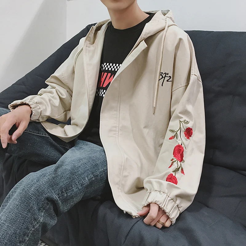 

Pilot Bomber Jacket Coat 2018 Spring And Autumn Sense Of Pure Cotton Solid Color Campus Wind Rose Embroidery Hooded Loose Jacket