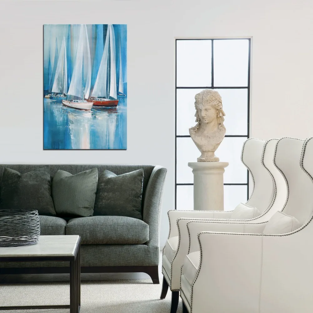 

Modern Art Print Poster Abstract Oil Painting Blue Seascape Canvas Prints Sail Boat Decor Wall Pictures on Canvas