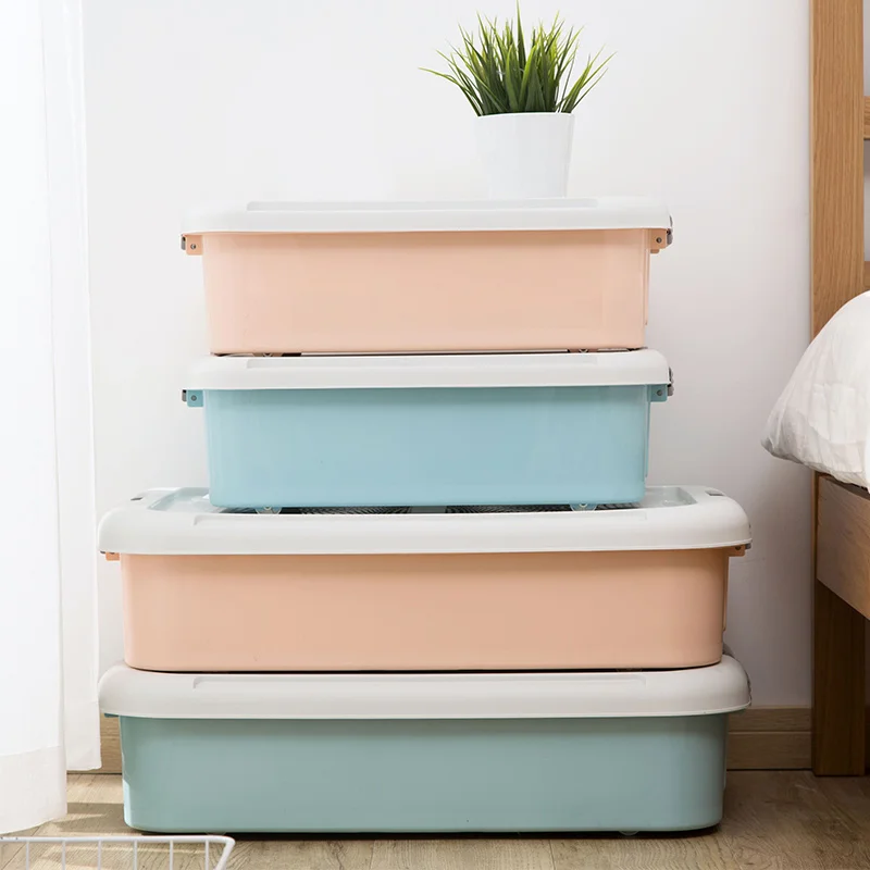 

Flat bottom storage box with wheels large storage box thickened plastic clothes finishing box