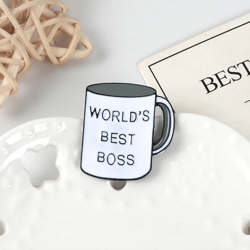 

Cup enamel Pin white WORLD'S BEST BOSS Brooches Daily necessities lapel pin Badge simple denim Jewelry gift for your boss