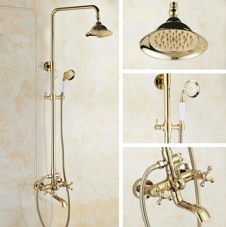 

Luxury Polished Gold Color Brass Dual Cross Handles Levers Bathroom Round Rainfall Shower Faucet Set Bath Tub Mixer Tap mgf397