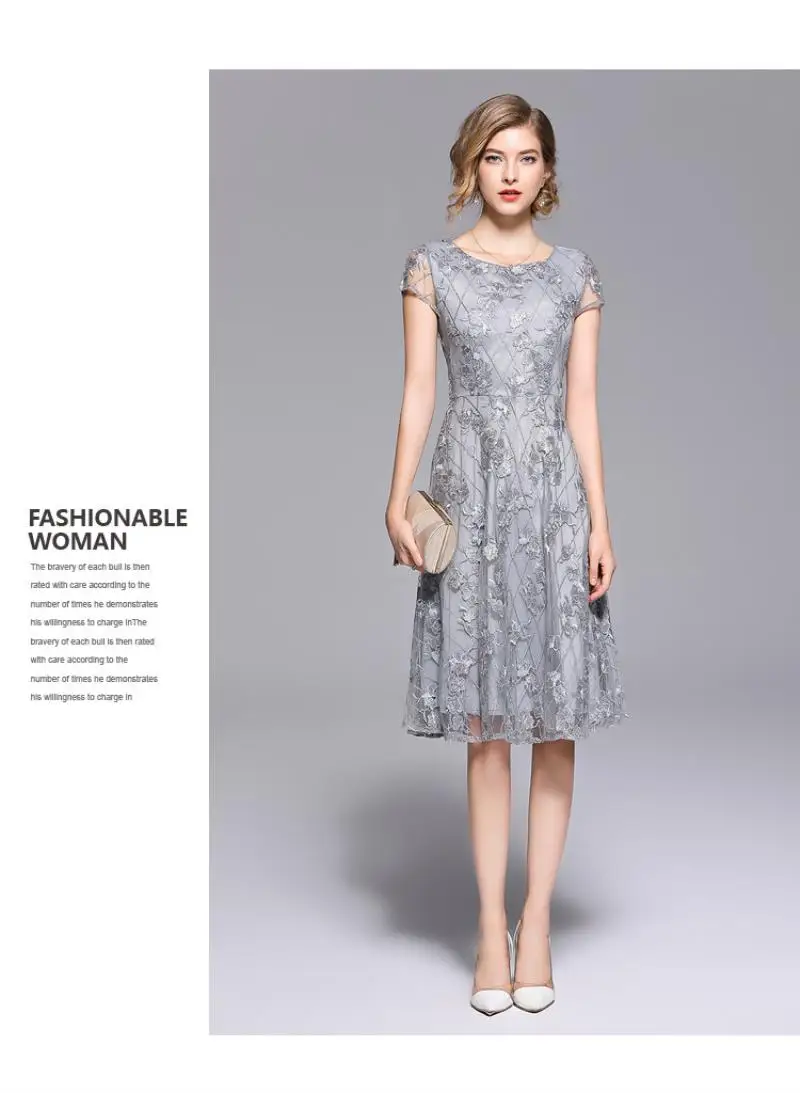 Summer Lace Mesh Embroidery Dress Chiffon Women O-Neck Short Sleeves A-Line Silver Vintage Long Party Elegant Dress Vestidos
