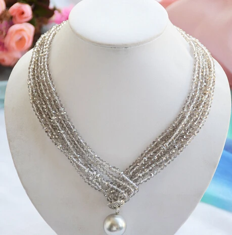 

ddh003502 3row 40" faceted smoky quartz crystal 20mm shell pearl pendant necklace