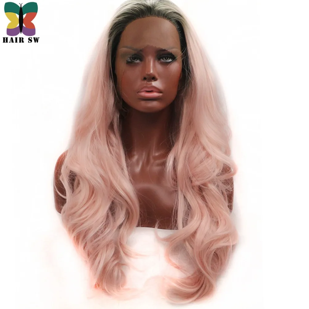 Волос SW длинные Средства ухода за кожей волна Синтетические волосы на кружеве Искусственные парики Ombre светло-розовый с коротким темные