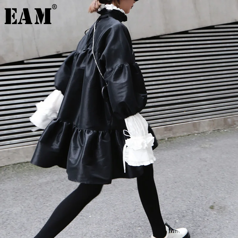 [EAM] 2019 New Spring Winter Stand Collar Long Puff Sleeve Black Loose Hem Ruffels Stitch Loose Dress Women Fashion Tide JK852