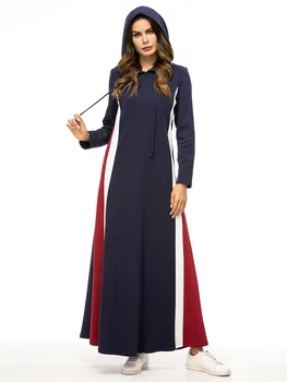 

Muslim Cotton Thicken Splice Dress Women Long Sleeve Contrast Color Hoodies Robe Middle East Loose Abaya Dubai Sweatshirt Dress