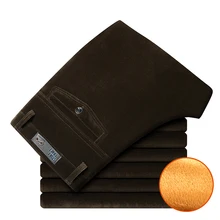 Зимние мужские вельветовые брюки с вельветовыми утолщенными высокой талией, свободные эластичные флисовые брюки, мужские прямые деловые повседневные теплые брюки