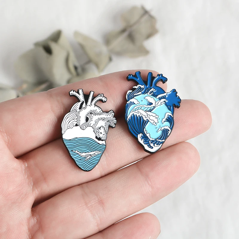 

Ocean Wave Pin Whale Pin Human Heart Anatomy Enamel pins Brooches for Women Denim Jackets Accessories Sea Lover Gifts