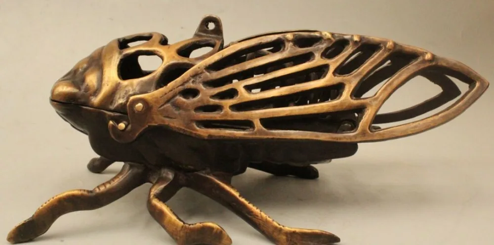 

R0717 Details about 11" Marked Chinese Dynasty Folk Pure Bronze cicada Statue Incense Burner Censer (B0413)