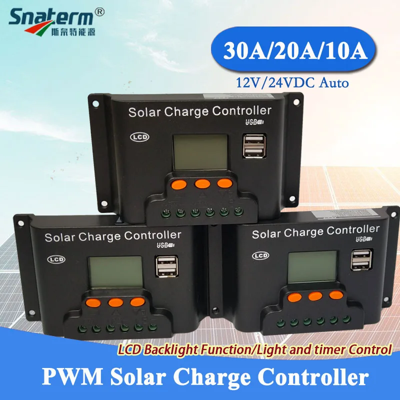 

Backlight function 30A 20A 10A 12V/24V Auto LCD PWM Solar Charge Controller with Dual USB 5V Output Adjustable Solar Regulator