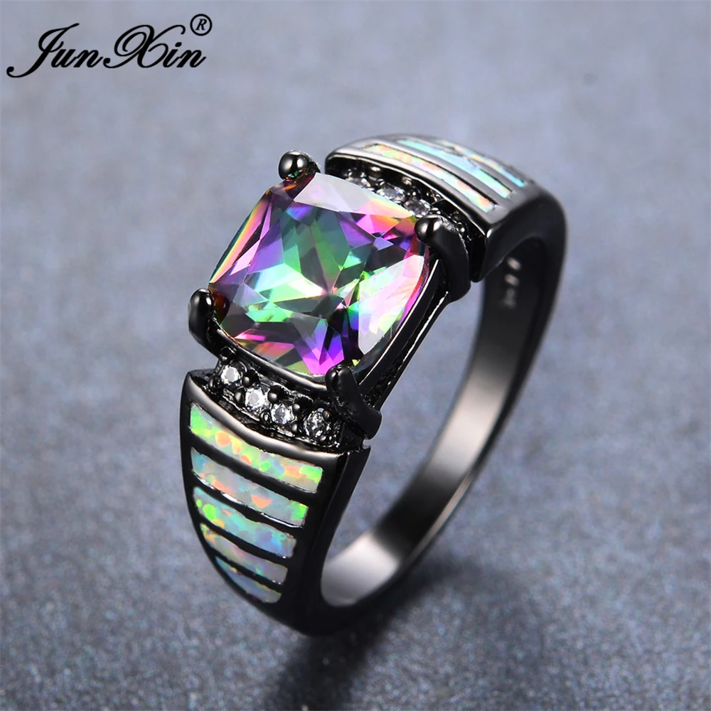 junxin bohemian female rainbow geometric ring fashion white fire opal ring vintage black gold wedding engagement rings for women - Black Opal Wedding Rings junxin bohemian female rainbow geometric ring fashion white fire opal ring vintage black gold wedding engagement rings for women - Black Opal Wedding Rings