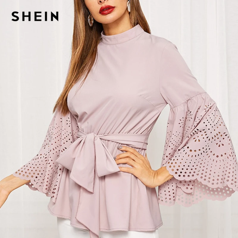 SHEIN Однотонная Блуза С Оригинальным Рукавом Женская Розовая Весенняя Элегантная Блузка С Поясом И Длинными Рукавами