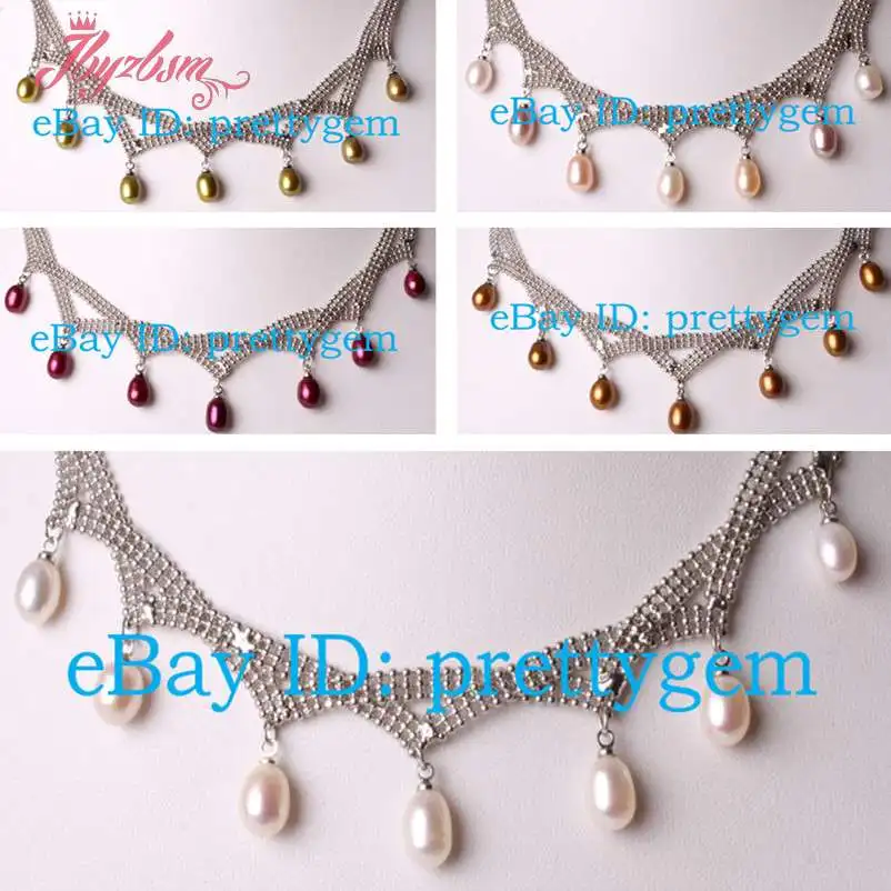 

7x8-9x10mm Oval Freshwater Pearl Natural Stone Beads White Tibetan Silver Chokers Necklace 18" Adjustable Size ,Free Shipping