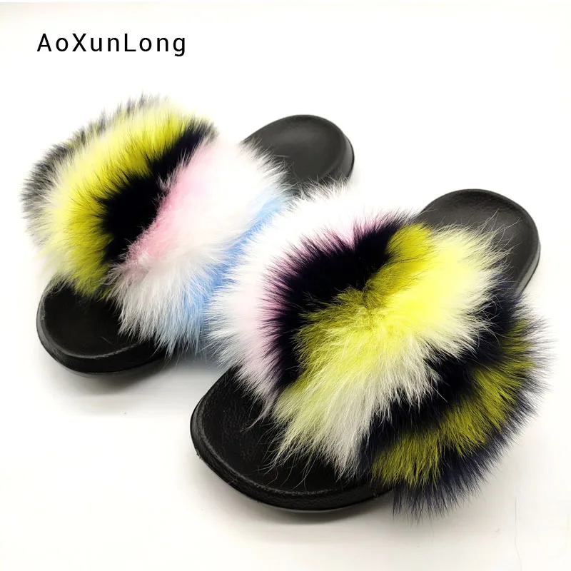 

2019 Real Fox Fur Slides Women Wholesale Fashion Cute Plush Fur Slippers Home Summer Fluffy Fox Hair Comfort Wearable Slippers