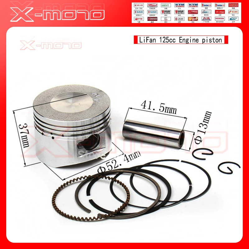 Запчасти двигателя Lifan 125cc, грязи велосипед ямы Piston-Kit-Rings-Pin-Cylinder-Gasket-52-4MM-14MM-LF125