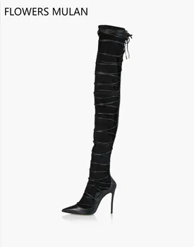winter women over the knee black boots lady cut out cross-tied thin high heel fashion boot fashion magazine street women's boots winter women over the knee black boots lady cut out cross-tied thin high heel fashion boot fashion magazine street women's boots