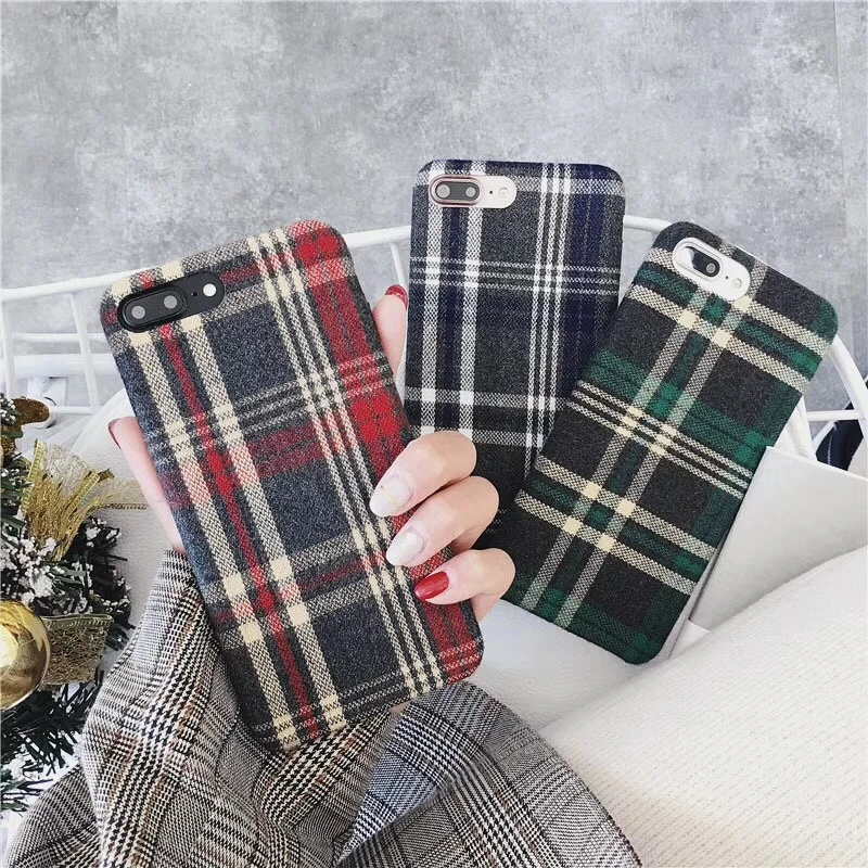 

Fashion square plaid plush fabric soft case for iphone 6 S 7 8 plus X XR XS MAX cover for samsung galaxy S7 edge S8 S9 Note 8