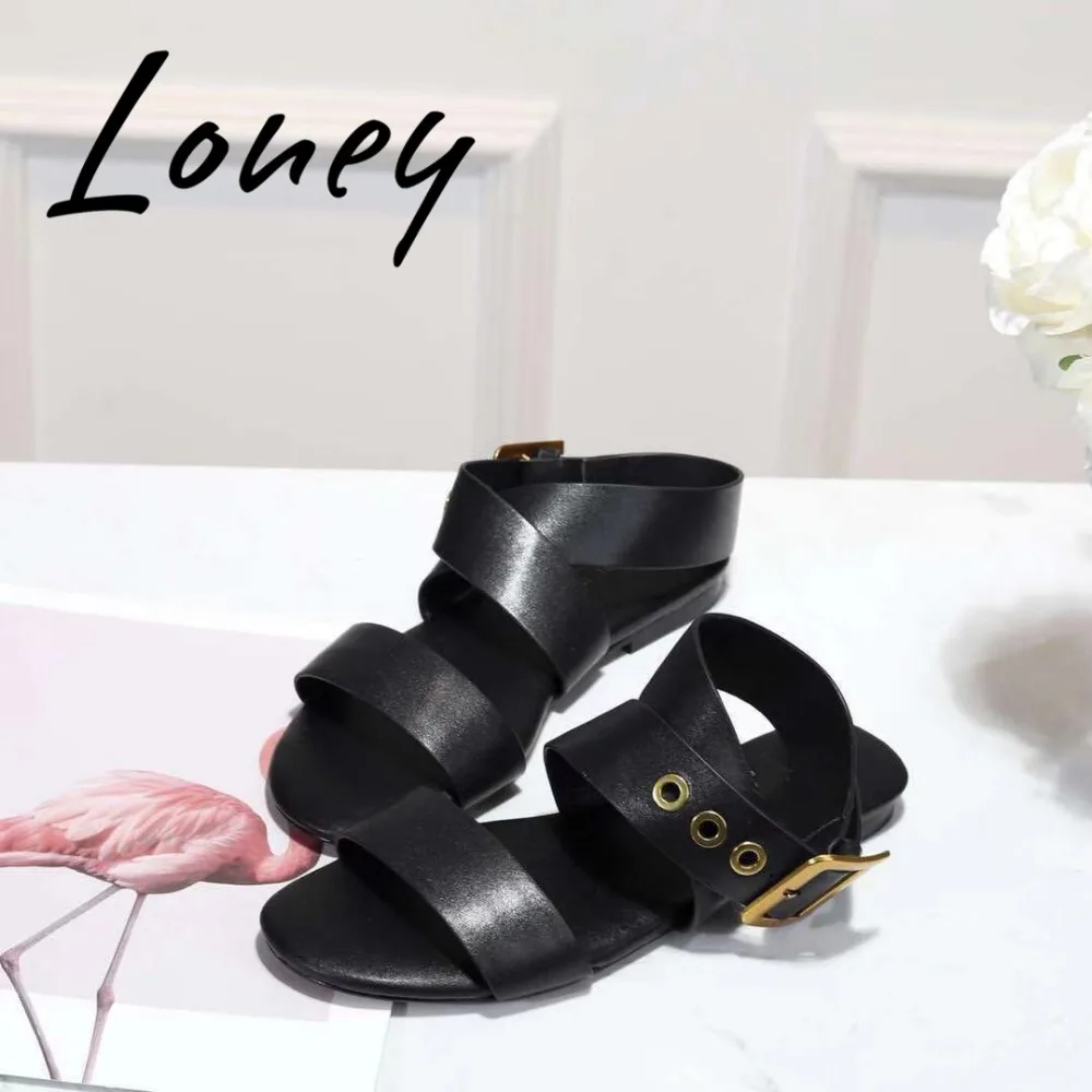 

Loney Luxury New Genuine Leather Rome Gladiator Summer Spring Sandals Open Toe Buckle Strap Low Heel Sandals Shoes Women