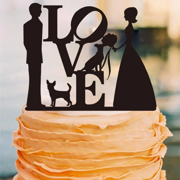 Love Wedding Cake Topper Bride and Groom,Couple Silhouette Anniversary Cake Topper with Dog ...
