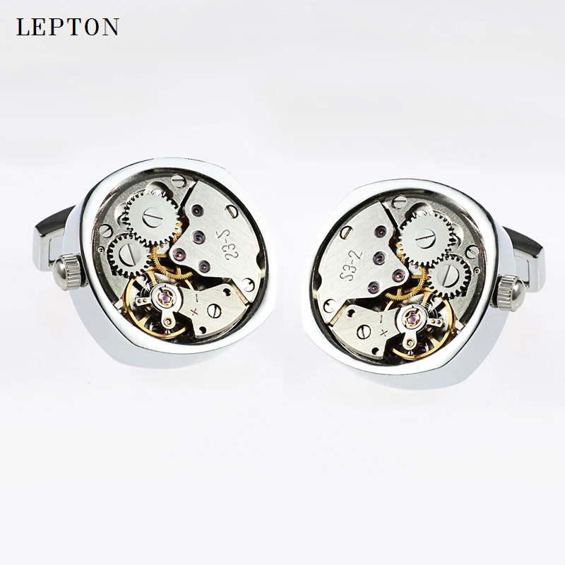 Hot Watch Movement Cufflinks For Mens Shirt Cuffs Cufflink Lepton Stainless Steel Steampunk Gear Watch Mechanism Cuff links