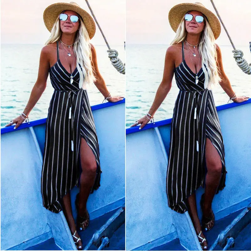 Модные женские туфли летние выходные пляж Стиль Boho Коктейль вечерние пляжное платье Сарафан Sweet Girl Дамы полосатый лук спагетти ремень - Цвет: Черный
